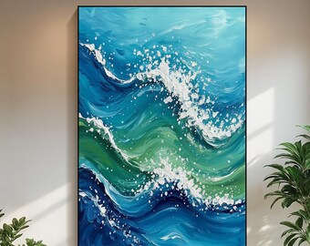 Pintura al óleo original de olas del océano pintadas a mano, vibrante paisaje marino con olas rompiendo, arte de pared costero azul y verde para dormitorio y sala de estar.