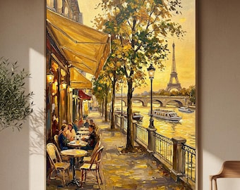Origineel handgeschilderd Parijs café-olieverfschilderij, Eiffeltoren Riverside Street Scene muurkunst, warm impressionistisch stadsgezicht decor voor thuis