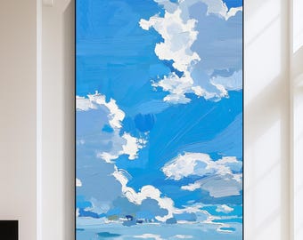 Original Hand Painted Sky Oil Painting on Canvas,Large Texture Blue and White Cloud Wall Art,Modern Minimalist Artwork for Living Room Decor