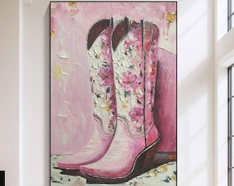 Arte mural original de botas de vaquera rosas - Pintura al óleo floral del oeste sobre lienzo, decoración rústica campestre femenina, obra de arte de botas pintadas a mano