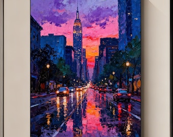 Sunset City Oil Painting, Textured Modern Street Scene Canvas Art, Hand Painted Urban Skyline Wall Decor with Vibrant Colors