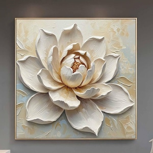 キャンバスに描かれたテクスチャのある白いバラの油絵：ミニマリストな