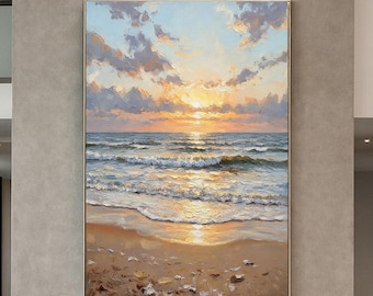 Original Sunset Beach Oil Painting on Canvas,Hand-Painted Textured Ocean Waves Seascape Wall Art,Large Soft Sunset Sky Coastal Wall Decor