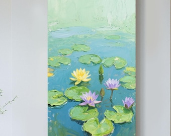 Pintura al óleo original: Estanque de nenúfares inspirado en Monet - Arte floral impresionista