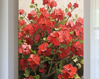 Impasto Red Rose Oil Painting on Canvas: Original Textured Floral Wall Art