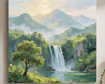 Waterfall Original Oil Painting: Mountain Forest Landscape Wall