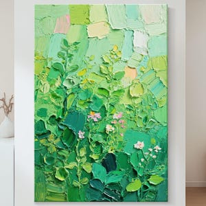Abstract Green Flower Oil Painting on Canvas Texture Floral Minimalist Art Large Wall Art Impasto Painting Boho Wall Decor Living Room