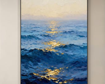 Original Hand-Painted Ocean Oil Painting on Canvas,Blue Sea Sunset Artwork, Textured Coastal Wall Art, Modern Seascape for Living Room Decor