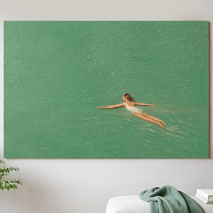 Minimalist Swimming Wall Art Canvas  Green Oil Painting Vintage Retro Painting Green Landscape Painting Holiday Style Art Large Wall Decor