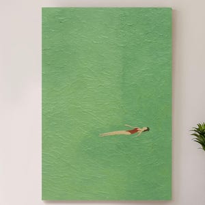 swiming in green wall  art green oil painting vintage retro painting green minimalist painting landscape painting holiday style wall decor
