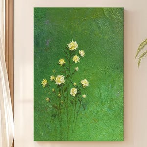 Green Minimalist Wall Art Large 3D Textured Impasto Rose Oil Painting Rose Flower Painting on Canvas Green Abstract Decor for  Living Room