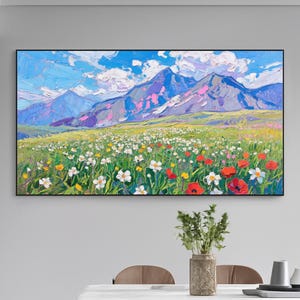 Mountain Wildflower Oil Painting Colorful Landscape Canvas Art with Meadow Flowers and Blue Sky, Impressionist Field Wall Decor Print