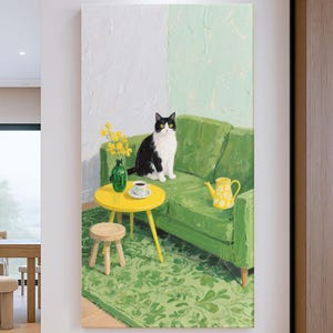 Original Cute Cat Oil Painting on Canvas Green Sofa Wall Art 3D Texture Whimsical Black and White Cat Artwork Cozy Modern Living Room Decor