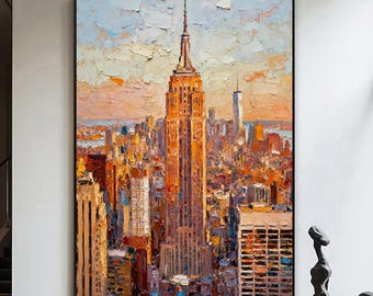 Empire State Building Painting - Hand-Painted Oil Artwork of NYC Skyline Wall Art - Vibrant Cityscape on Canvas
