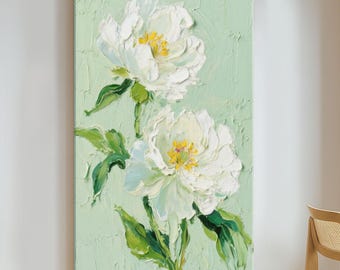 Textured White Peony Oil Painting: 3D Floral Canvas Art