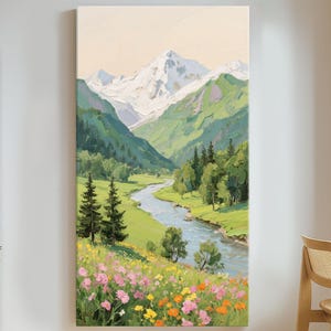 Original Floral Mountain Oil Painting on Canvas Alpine Valley River Artwork Vertical Hand-Painted Wildflower Scenic Wall Art for Home Decor
