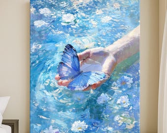 手描きの青い蝶の油絵：花の水の反射アート - Etsy 日本