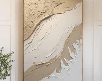 Strukturiertes neutrales abstraktes Gemälde auf Leinwand, Große Beige Wandkunst, minimalistische handgemalte Kunst, modernes 3D Impasto Kunstwerk für Wohnzimmer