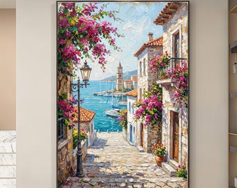 Dipinto ad olio di un vicolo mediterraneo, tela originale con paesaggio di un villaggio costiero, opera d'arte dipinta a mano con fiori e vista sul mare