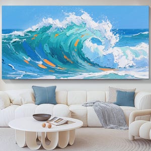 Original Blue Ocean Wave Oil Painting On Canvas Large Coastal Wall Art Textured Seascape Artwork For Living Room Beach Modern Home Decor