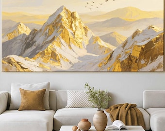 Lienzo de Montaña Dorada: Pintura de paisaje con textura 3D y empasto