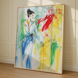 Original handgemaltes Mode Frau Porträt Ölgemälde Abstrakte elegante Dame im blauen Kleid Leinwand Wandkunst für moderne Innendekoration