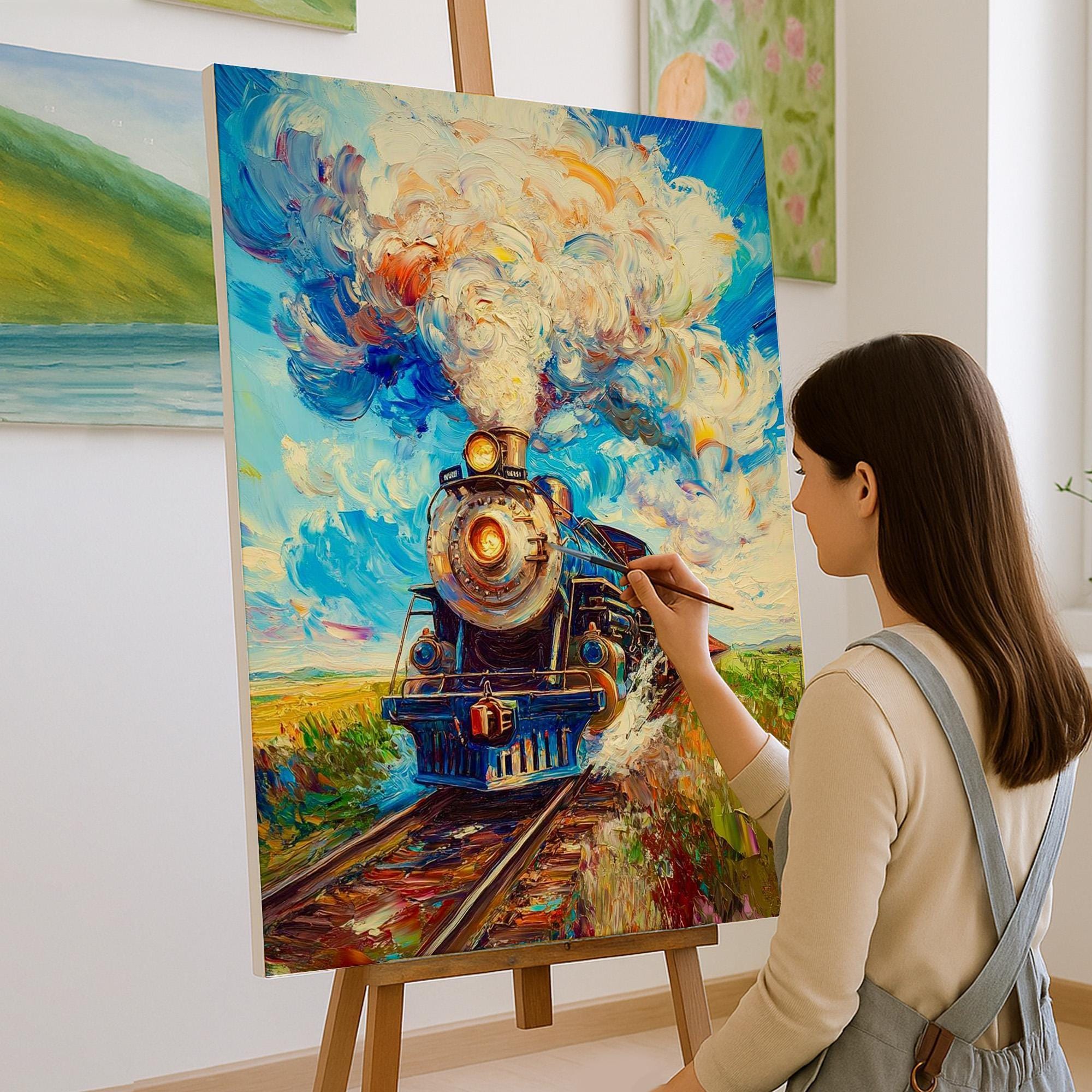 表現力豊かな蒸気機関車の絵画、印象派風の鮮やかなパレットナイフの