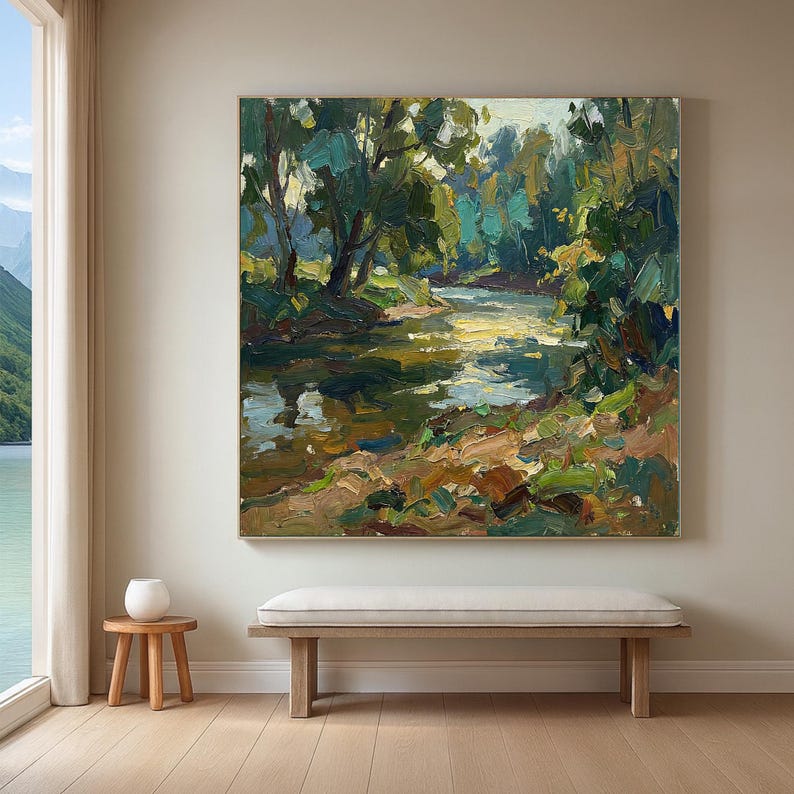 Original Forest River Oil Painting, Textured Landscape Wall Art, Green ...