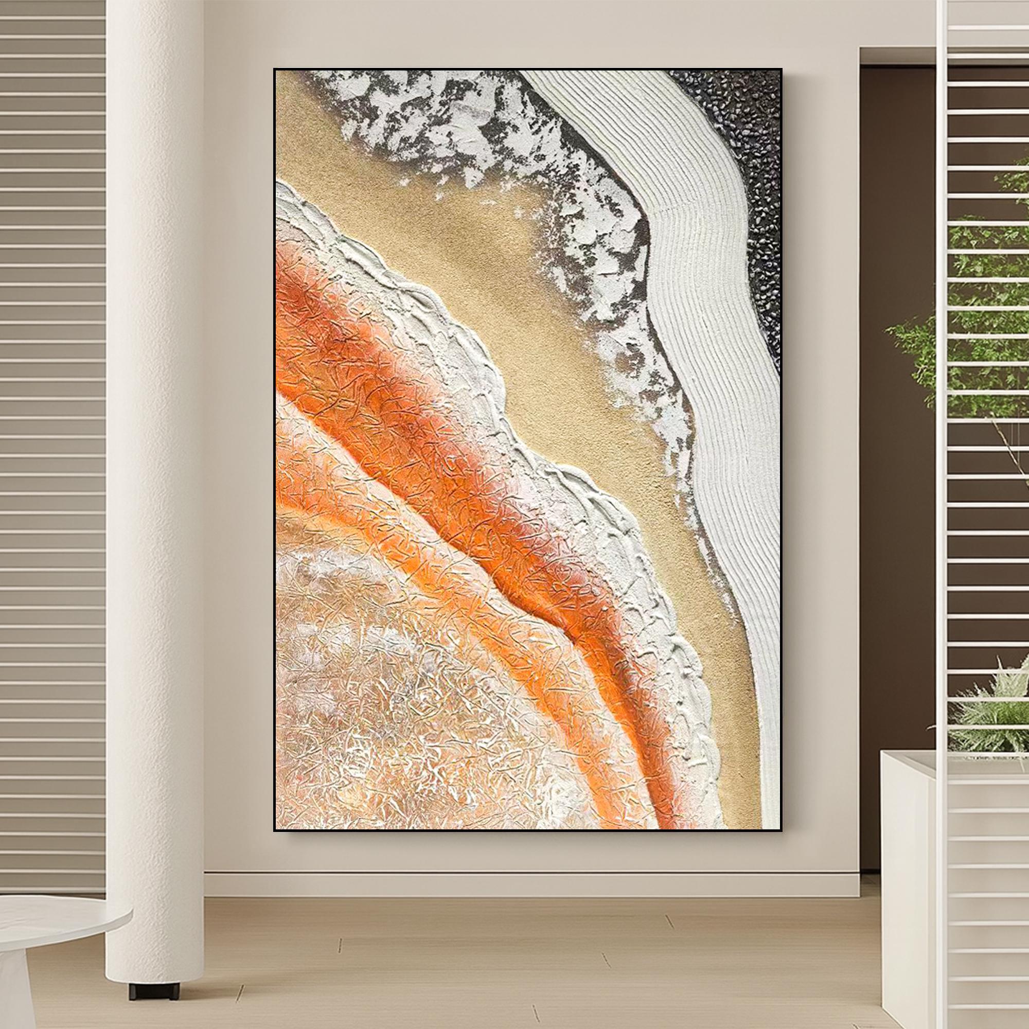 Textured Abstract Oil Painting on Canvas: Earthy Orange 3D Sand