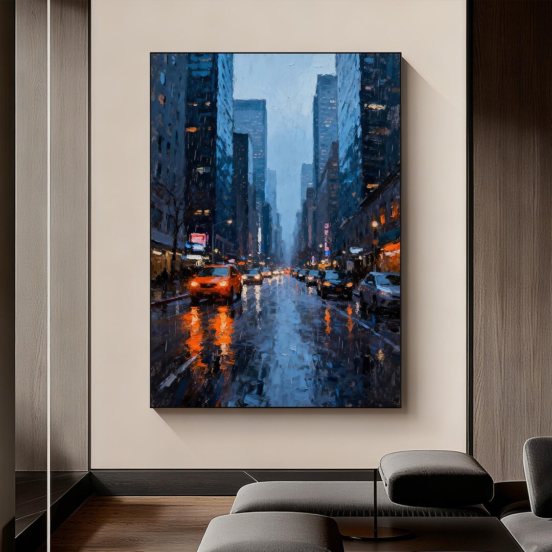 Rainy City Night Oil Painting, Hand Painted Urban Street Scene Canvas ...