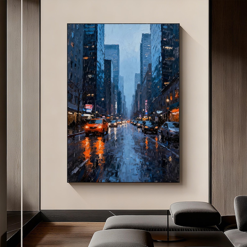 Rainy City Night Oil Painting, Hand Painted Urban Street Scene Canvas ...