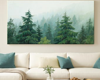 Pintura al óleo de bosque brumoso: lienzo con paisaje de pinos para pared