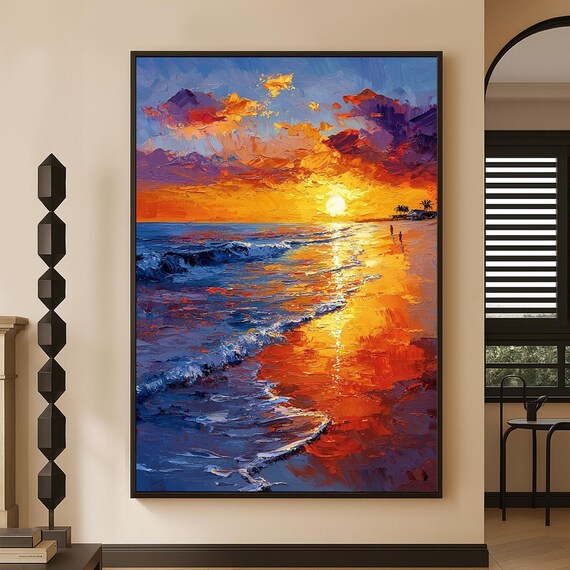 Hand-painted Sunset Beach Oil Painting: Palette Knife Seascape