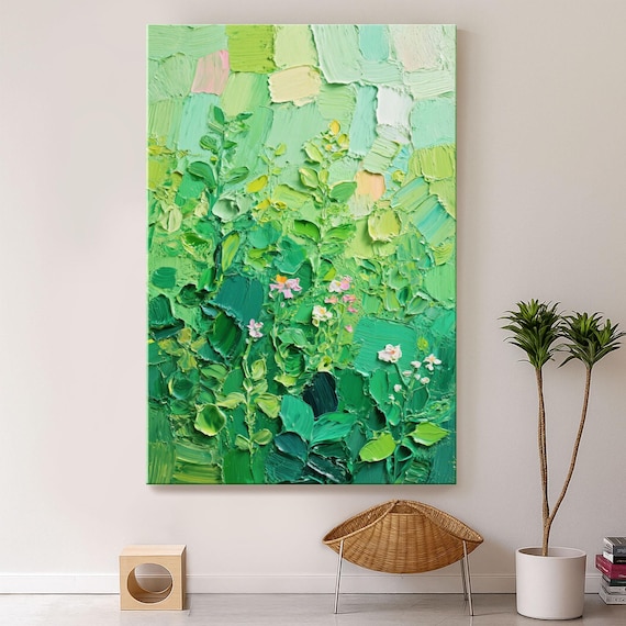 油絵アート（green flower） Original Textured Green Floral Oil Painting on Canvas, Large