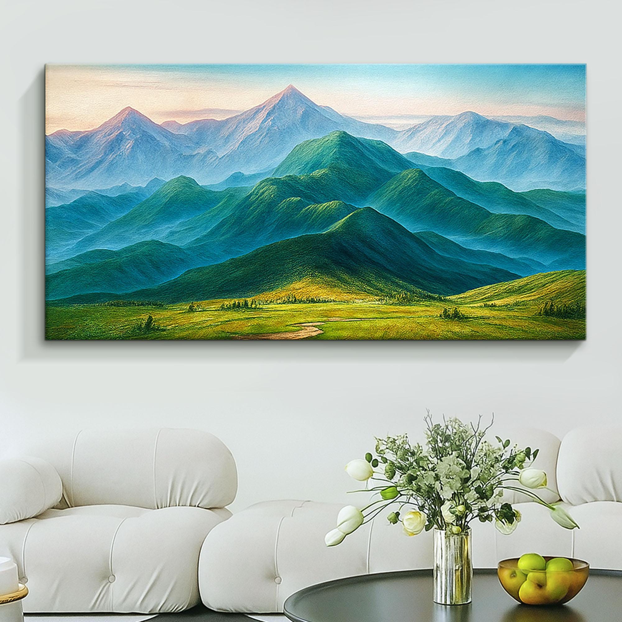 Original Green Mountains Oil Painting: Large Field Scenery Canvas