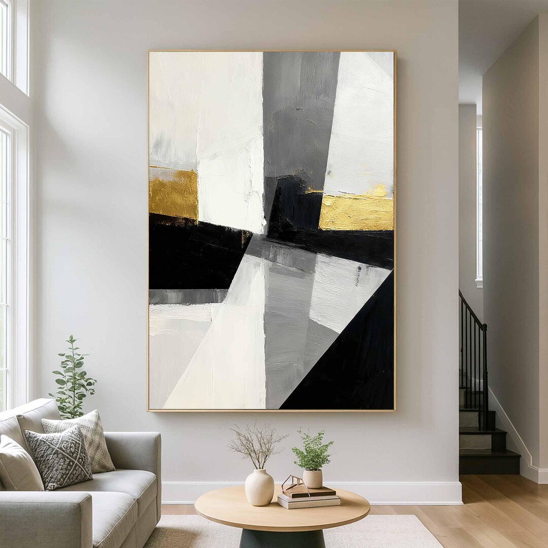 Original Black White Gold Abstract Oil Painting,large Geometric ...