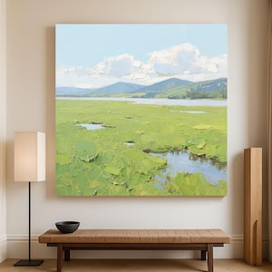 Serene Meadow Oil Painting Peaceful River Landscape with Lush Hills and Clouds Vibrant Nature Wall Art Tranquil Green Field Artwork for Home