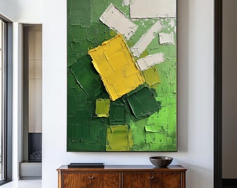 Original Large Textured Abstract Oil Painting In Green And Yellow, Modern Geometric Palette Knife Canvas, Minimalist Contemporary Wall Art