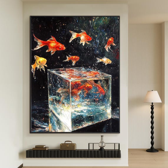 手描きの金魚キャンバスアート：抽象的な水族館の絵画 - Etsy 日本