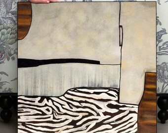 Neutral Abstract Zebra Texture Oil Painting: Modern Beige Wall Art