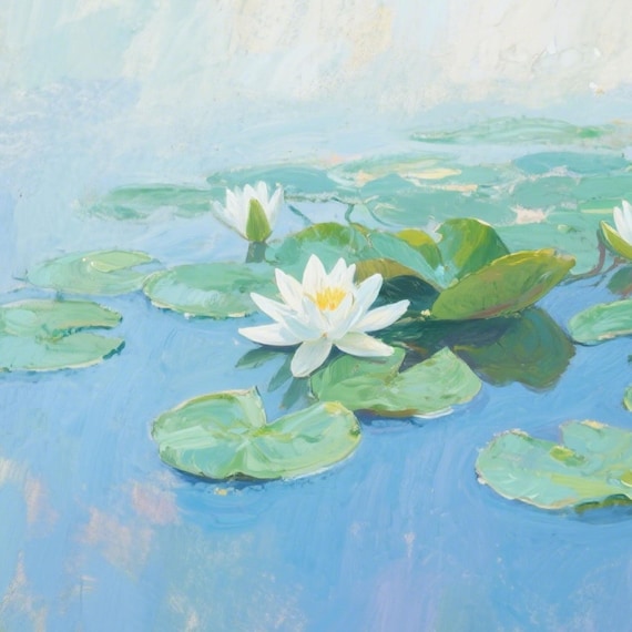 印象派の蓮の花の池の油絵：禅の自然の装飾 - Etsy 日本