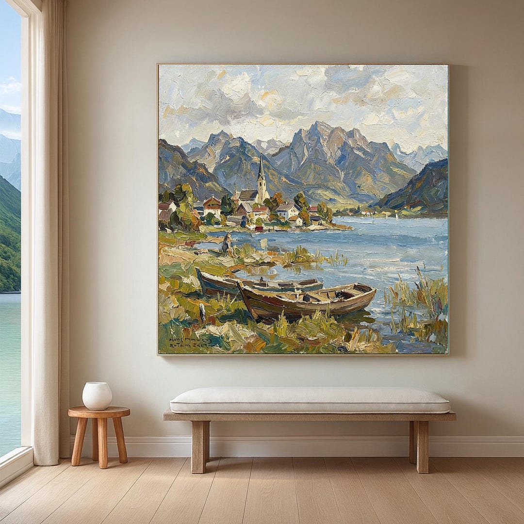 Lake Village Oil Painting on Canvas, Original Mountain Landscape Wall ...