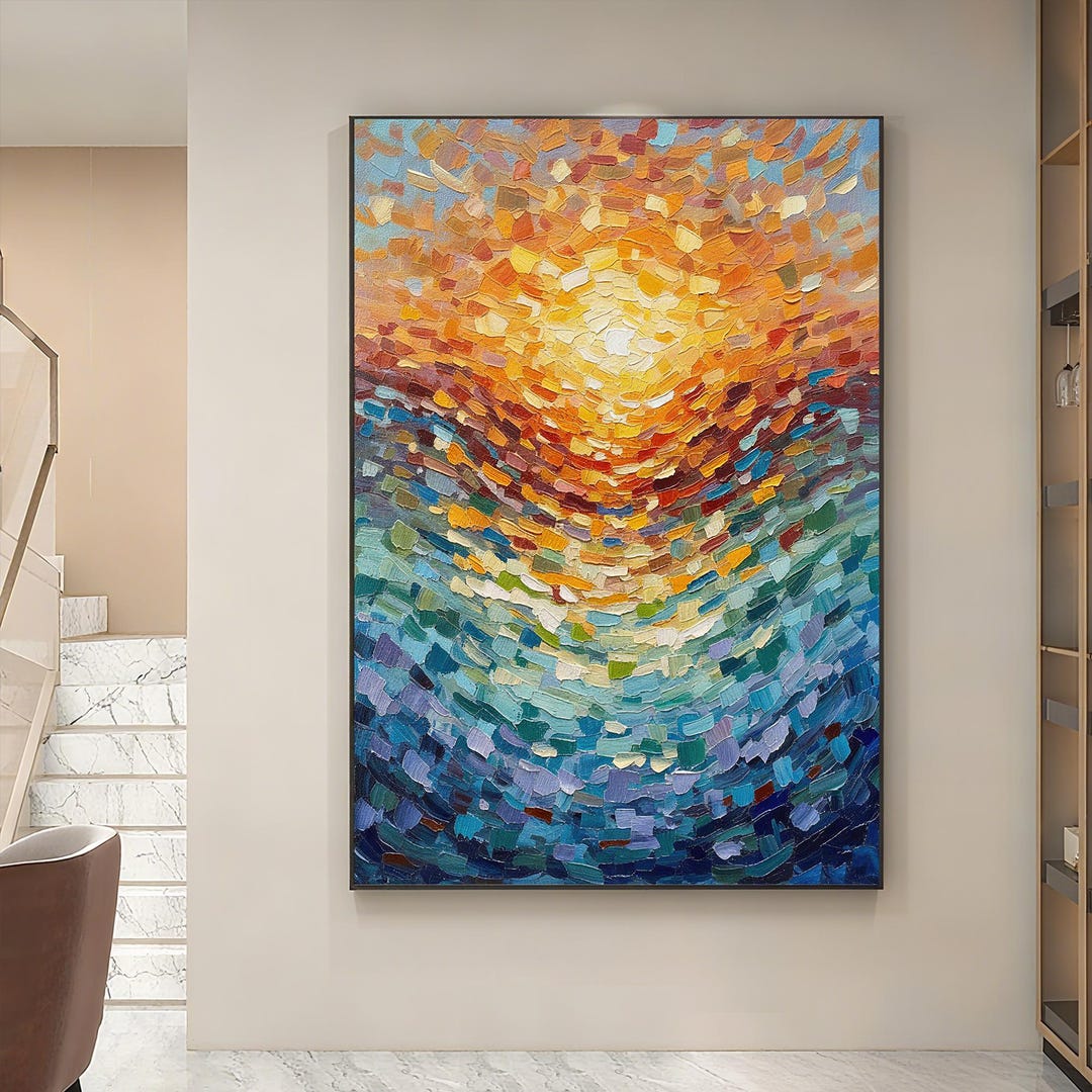 Original Abstract Oil Painting on Canvas - Colorful Sunset Reflection ...