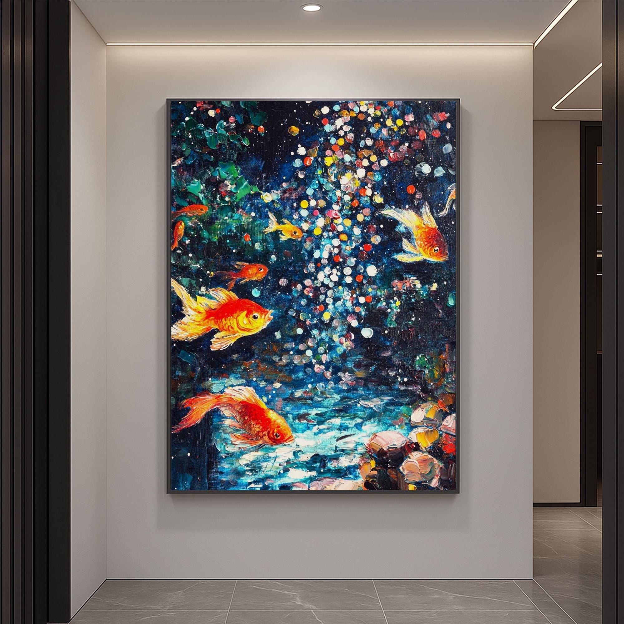 手描きの金魚のキャンバスアート：抽象的な鯉の池の絵画 - Etsy 日本