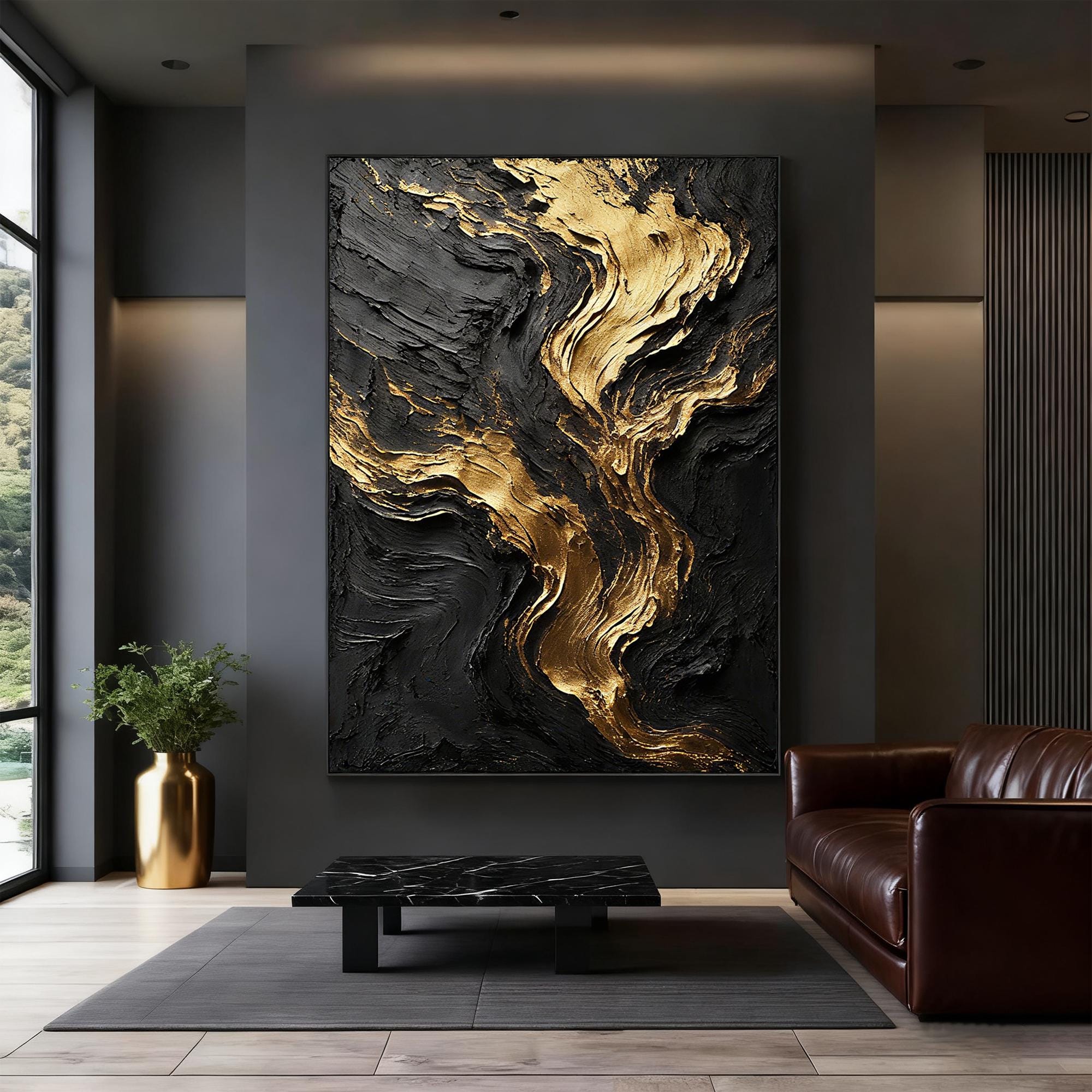Original Handmade Black and Gold Flow Texture Oil Painting, Abstract ...