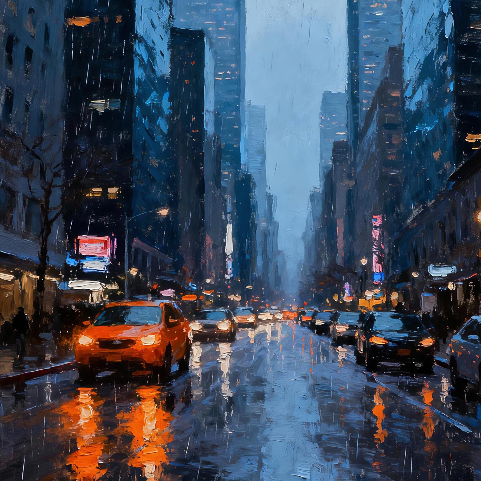 Rainy City Night Oil Painting, Hand Painted Urban Street Scene Canvas ...