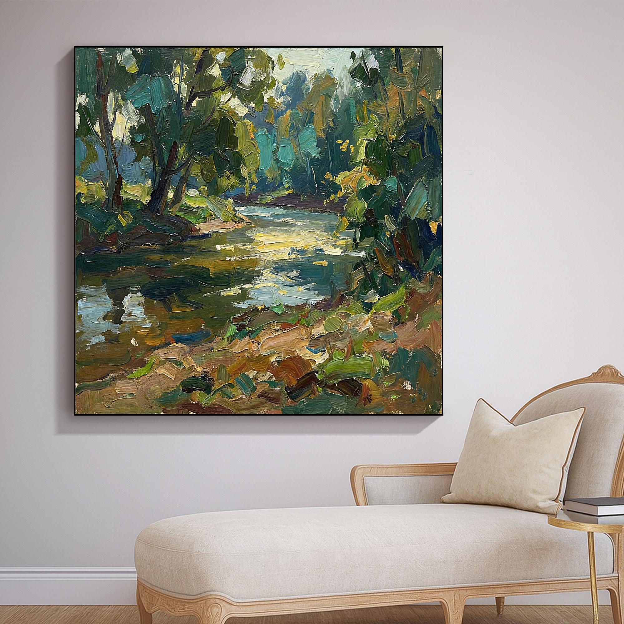 Original Forest River Oil Painting, Textured Landscape Wall Art, Green ...