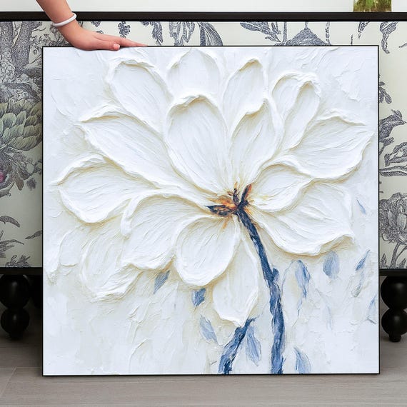 質感のある白い花の油絵：3D花びらのフローラルウォールアート - Etsy 日本