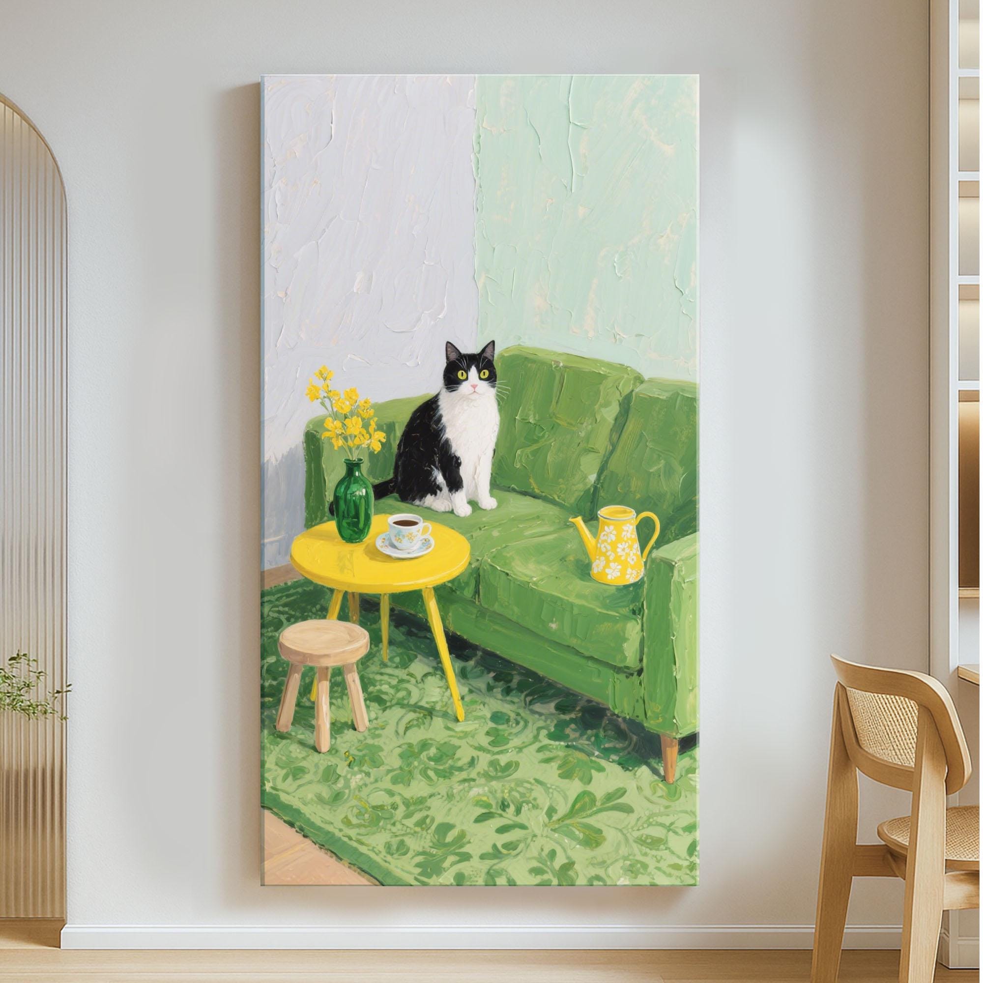 オリジナルの猫の油絵：緑のソファに座る、気まぐれな白黒の猫 - Etsy 日本