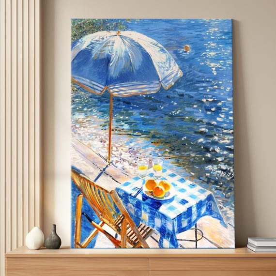 印象派の湖畔キャンバスアート：青い傘、夏の海岸のプリント - Etsy 日本